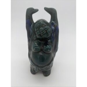 Vintage Green Blue  Glazed Ceramic Buddha Figurine Hands Up Smiling Happy 9"